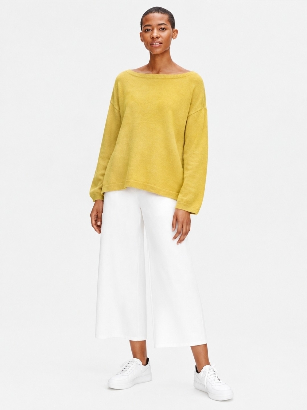 Eileen Fisher Yellow Boat Neck Thin Knit Sweater